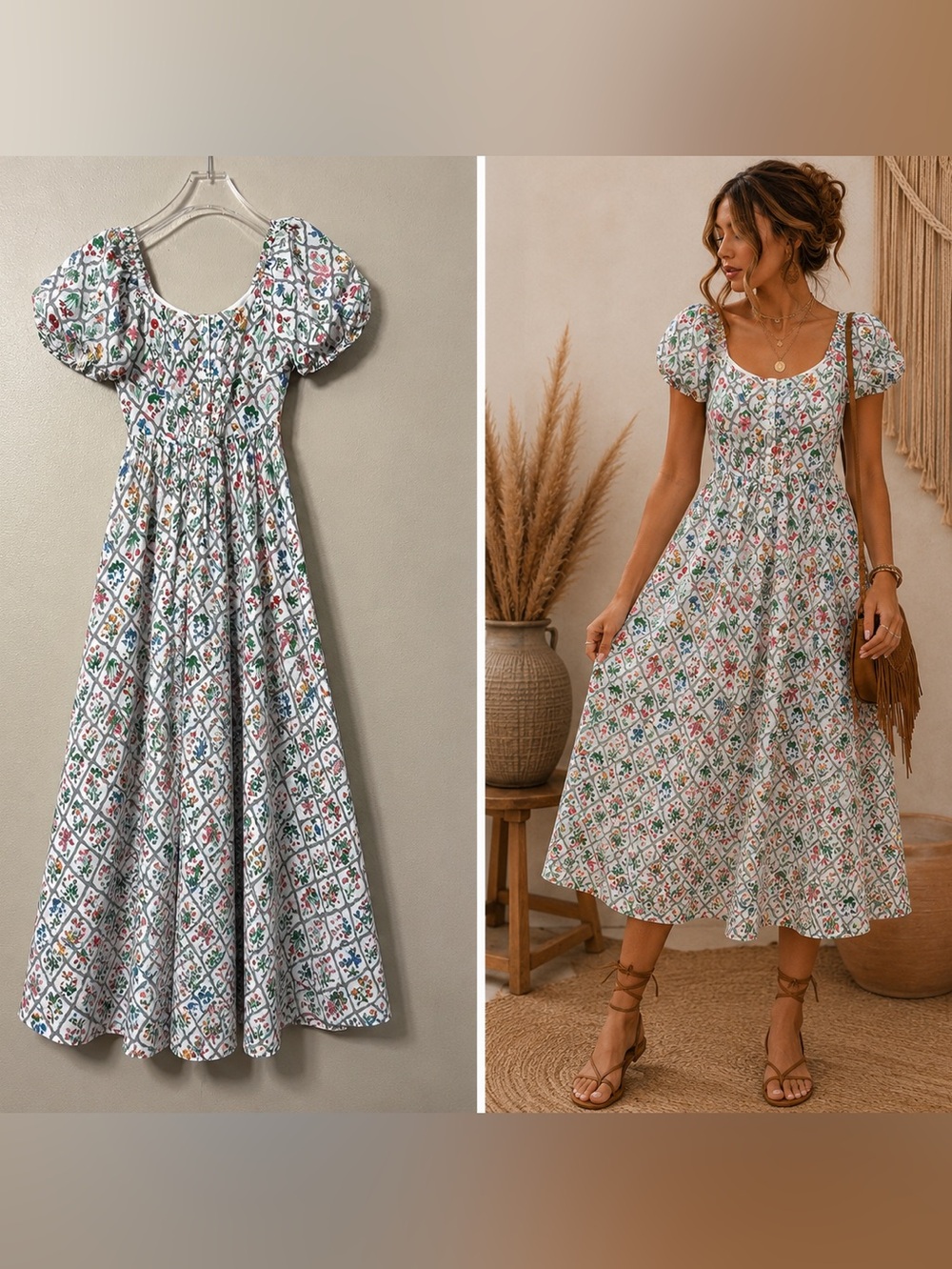 Moon River  Floral Milkmaid Puff Sleeve Midi Dress S Cotton Cottagecore